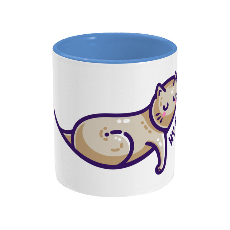 A two toned white and blue ceramic mug, handle hidden behind it, showing the middle part of a design of a brown cat lying asleep on a hyperbola arc with a front leg dangling and the wording 'HY-PURR-BOLA' beneath.