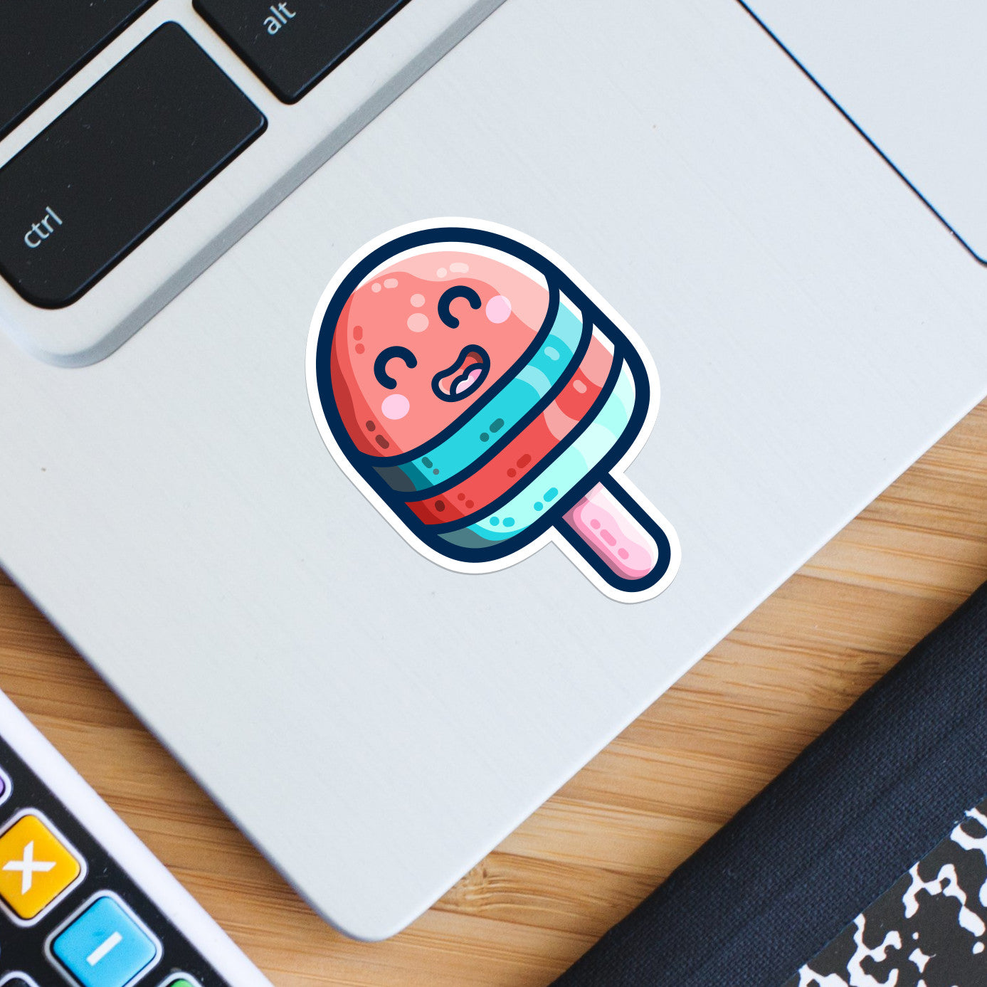 A shaped sticker of a cute red and blue striped ice lolly on a stick with a happy face stuck onto the bottom left hand corner of a laptop computer keyboard