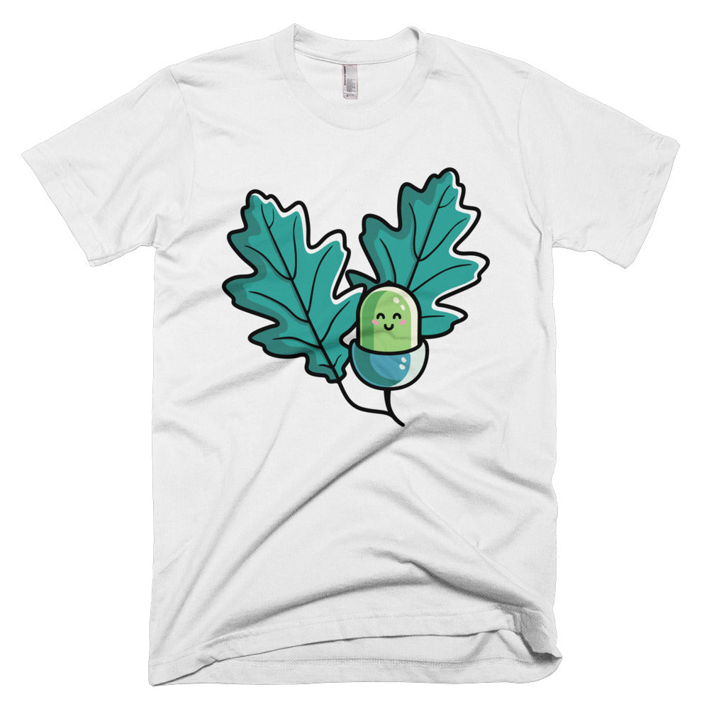 White t-shirt with a design of a cute acorn and two oak leaves