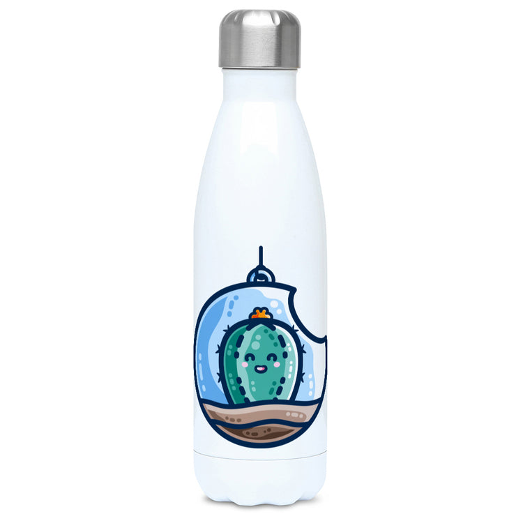 A tall white stainless steel drinks bottle seen from the front with its silver lid on and a design of a kawaii cute happy green cactus succulent planted in a transparent hanging bauble terrarium.