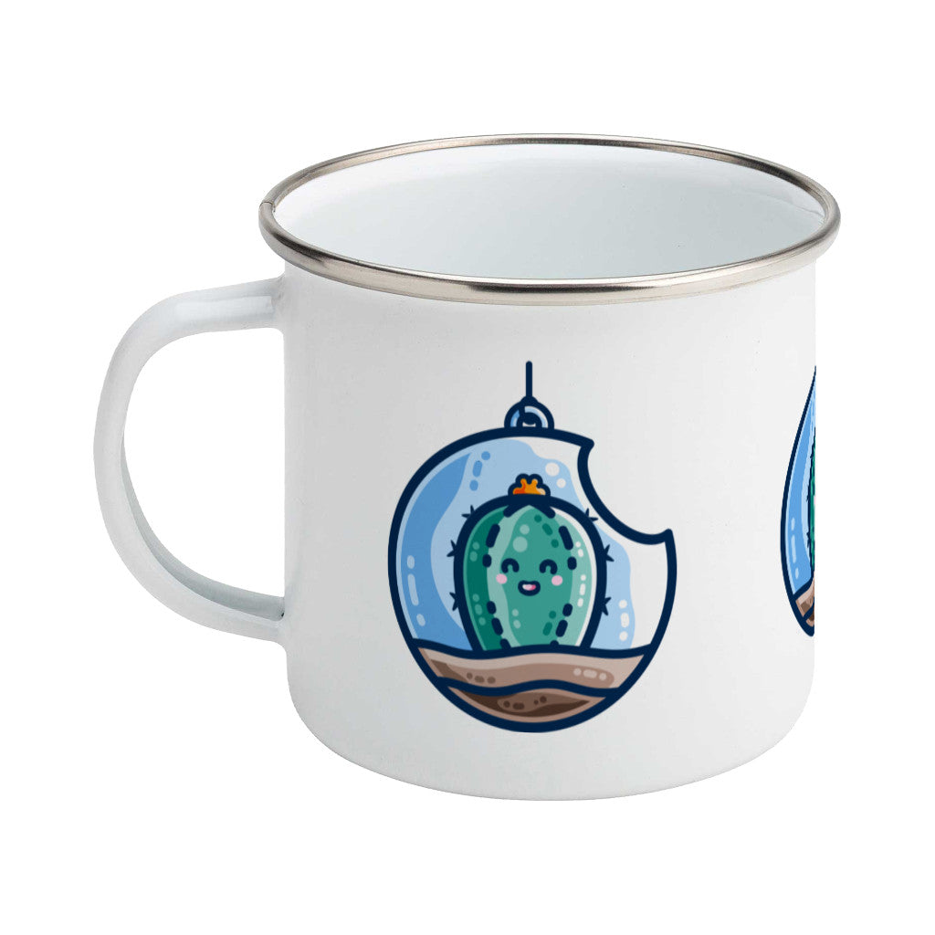 A silver rimmed white enamel mug with the handle to the left showing a design of a kawaii cute happy green cactus succulent planted in a transparent hanging bauble terrarium