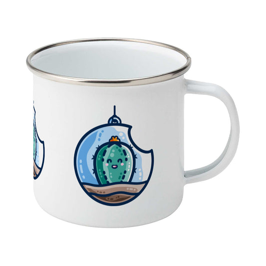 A silver rimmed white enamel mug with the handle to the right showing a design of a kawaii cute happy green cactus succulent planted in a transparent hanging bauble terrarium