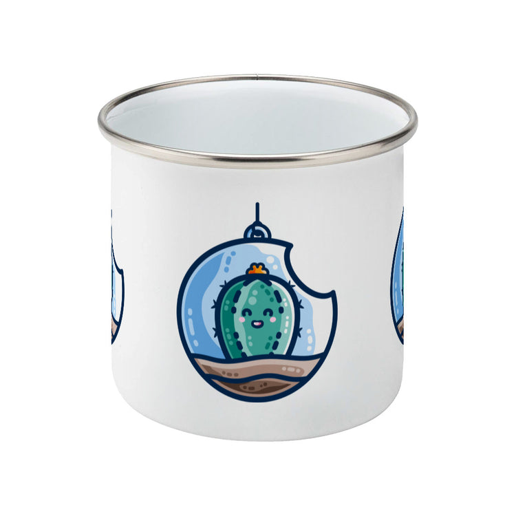 A silver rimmed white enamel mug seen side on with the handle hidden behind showing a design of a kawaii cute happy green cactus succulent planted in a transparent hanging bauble terrarium