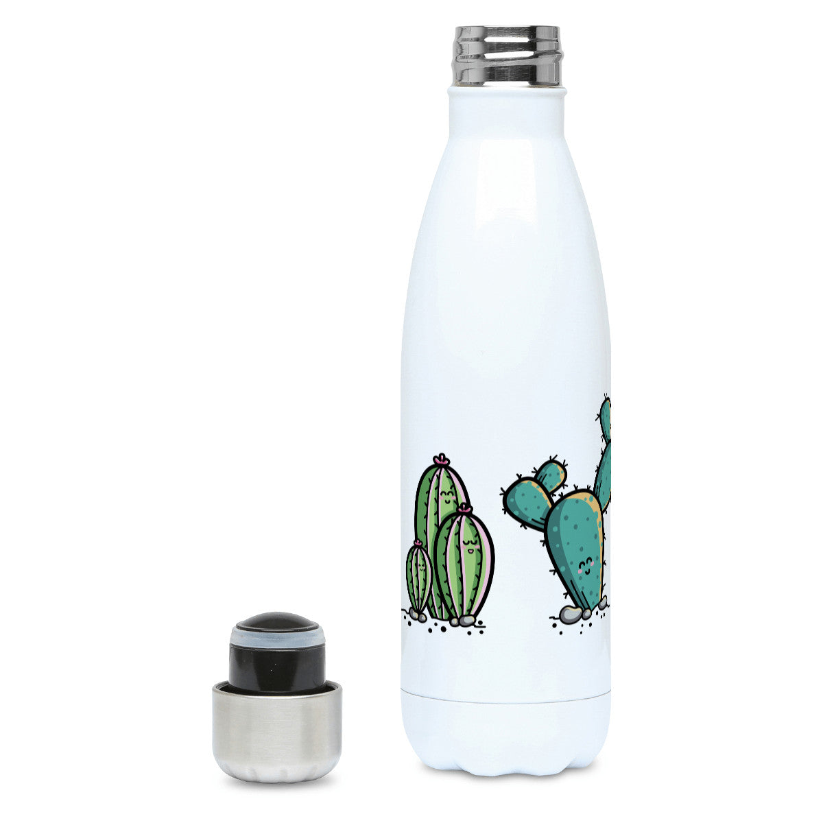 Four kawaii cute cactus plants design on a white metal insulated drinks bottle, lid off