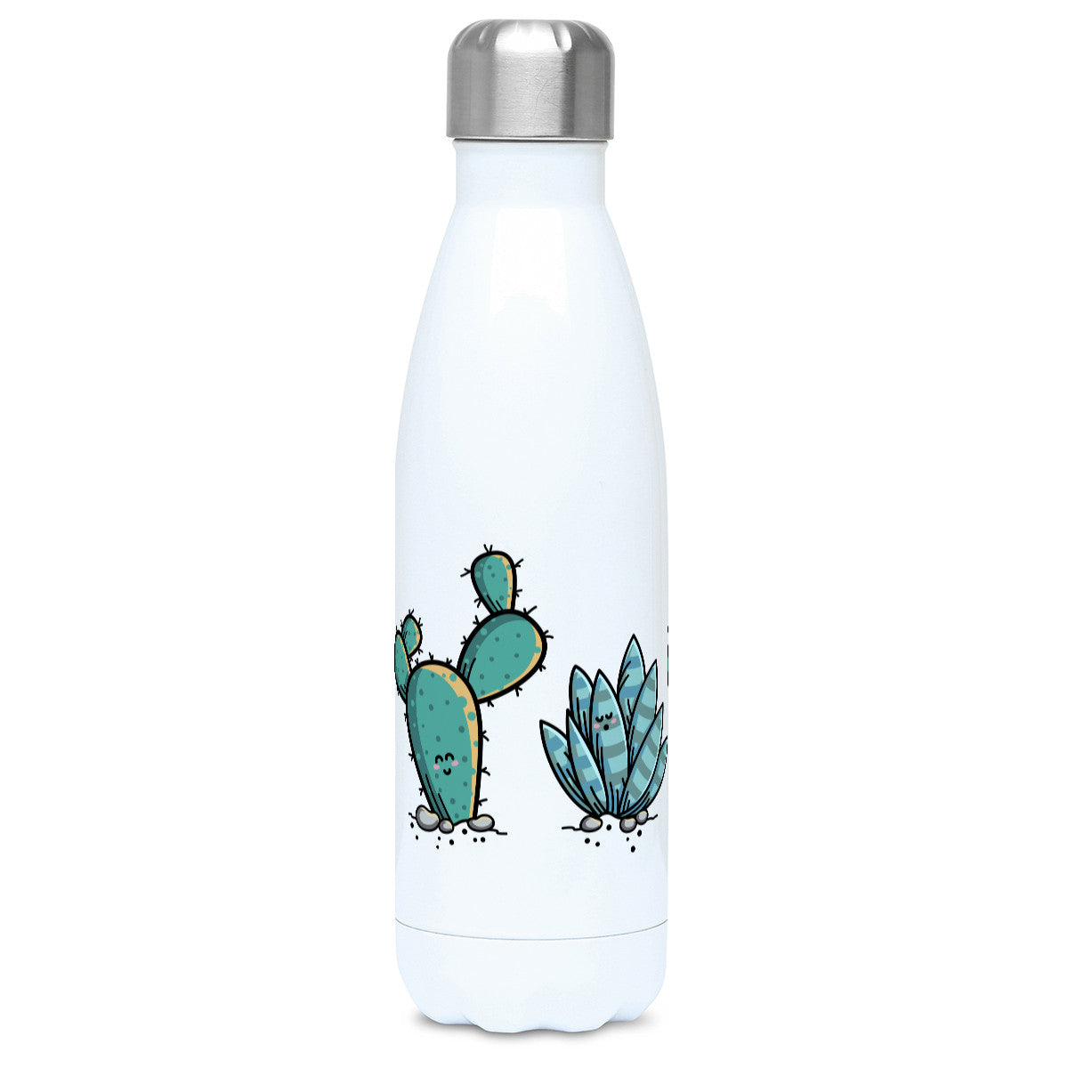 Four kawaii cute cactus plants design on a white metal insulated drinks bottle, lid on