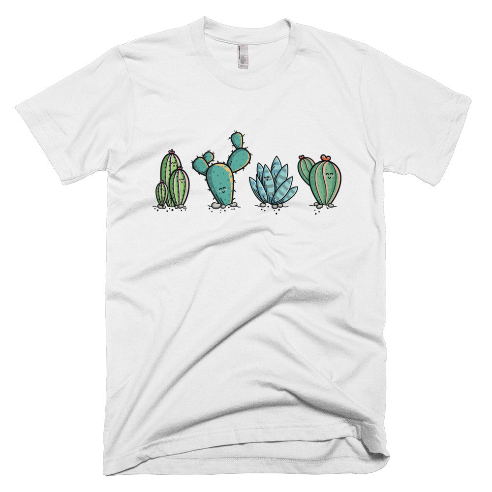 White unisex t-shirt with a row of 4 kawaii cute green cactus plants on the chest