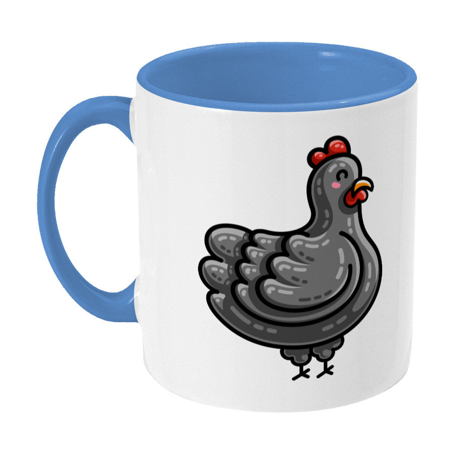 Kawaii cute chicken design on a two toned blue and white ceramic mug, showing LHS