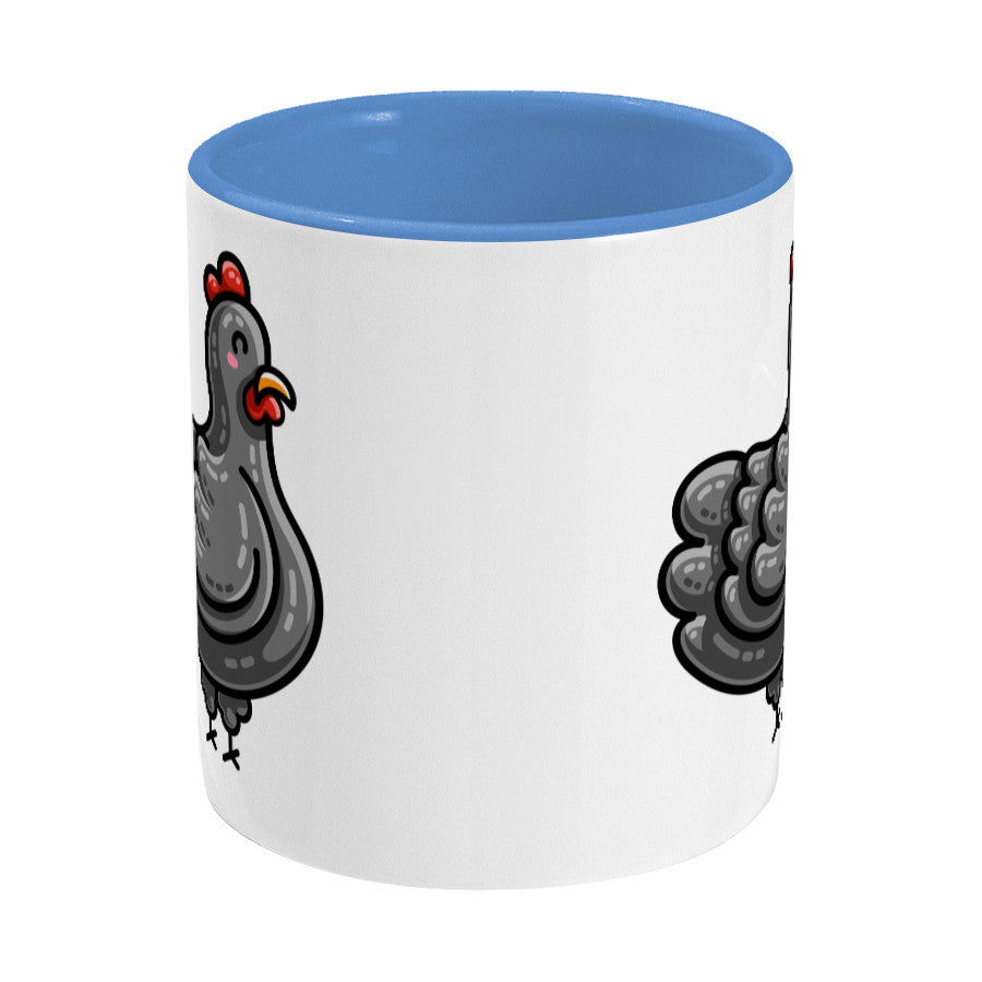 Kawaii cute chicken design on a two toned blue and white ceramic mug, side on