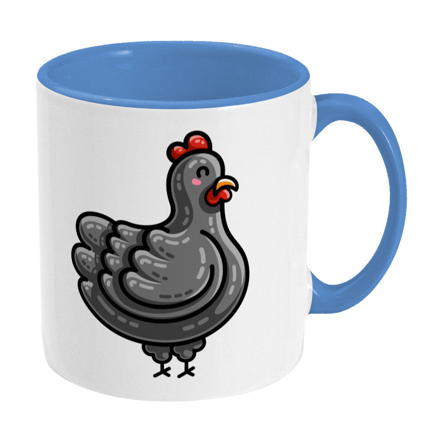 Kawaii cute chicken design on a two toned blue and white ceramic mug, showing RHS