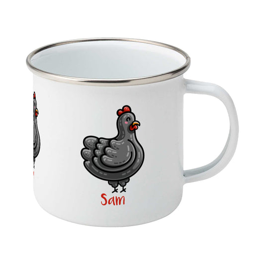 Personalised kawaii cute black chicken  design on a silver rimmed white enamel mug, showing RHS