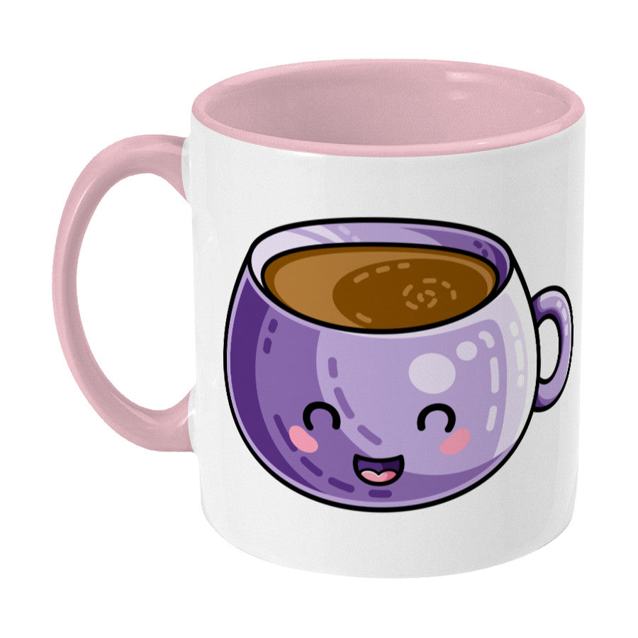 Kawaii cute design of a purple coffee mug on a two toned pink and white ceramic mug, showing LHS