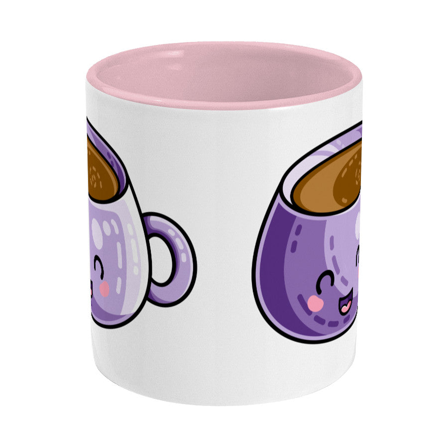 Kawaii cute design of a purple coffee mug on a two toned pink and white ceramic mug, side view
