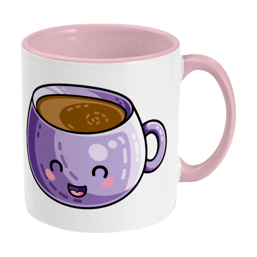 Kawaii cute design of a purple coffee mug on a two toned pink and white ceramic mug, showing RHS