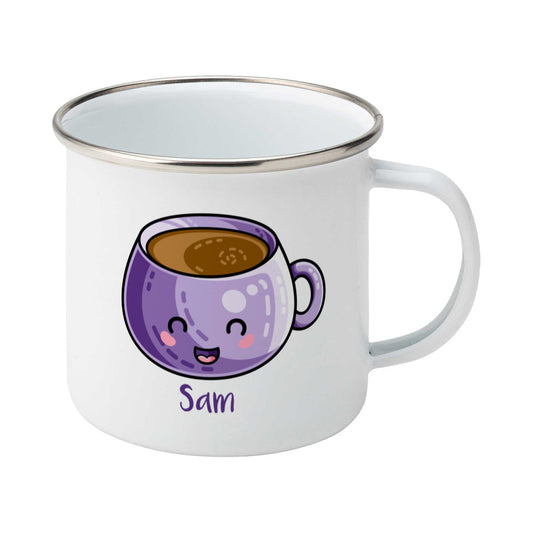 Personalised kawaii cute design of a purple coffee mug on a silver rimmed white enamel mug, showing RHS