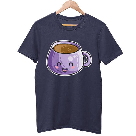 A navy colour unisex crewneck t-shirt on a hanger with a design on its chest of a kawaii cute design of a purple bulbous mug of coffee
