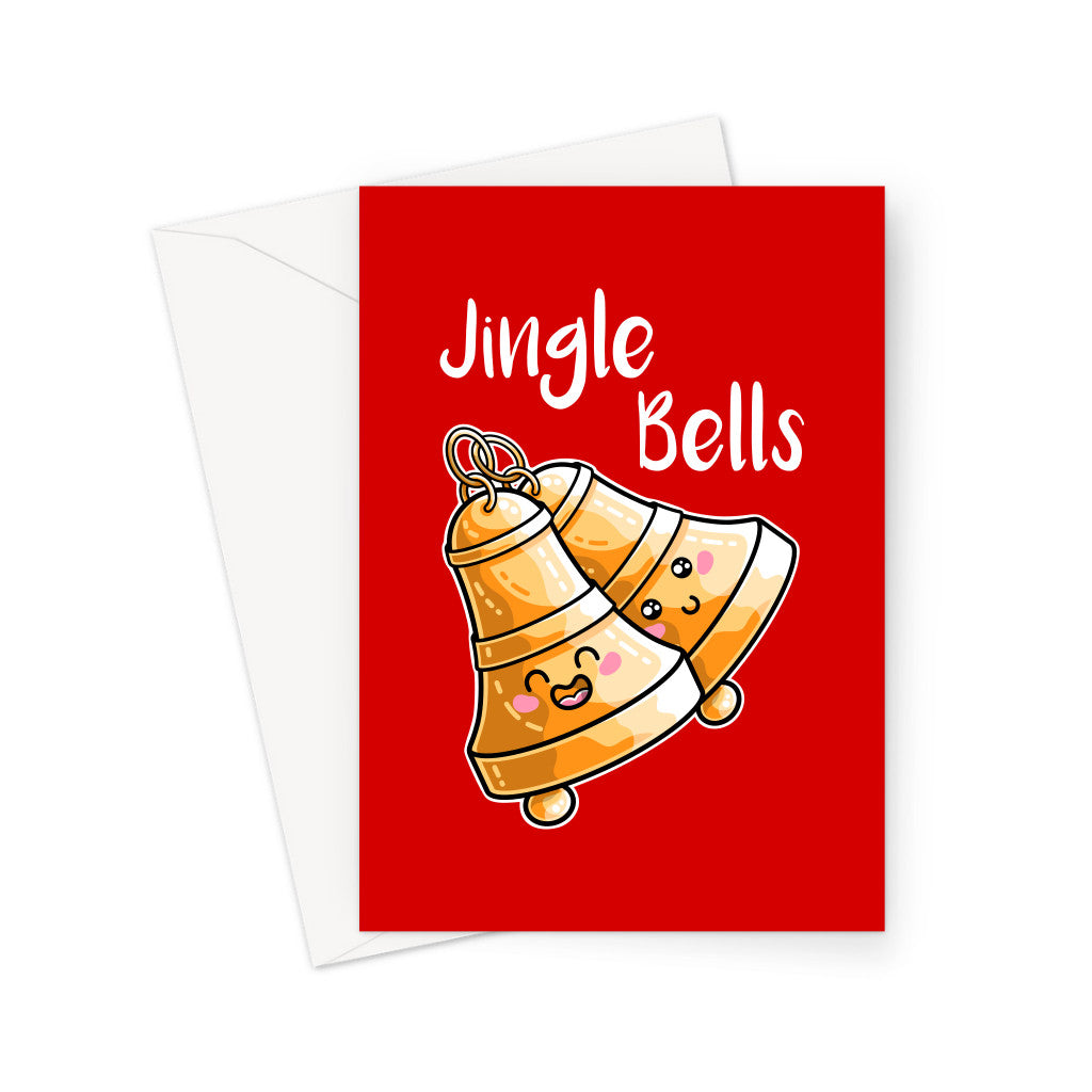 A white envelope beneath a red greeting card with a design of two kawaii cute bells at an angle and the words 'Jingle Bells' written above