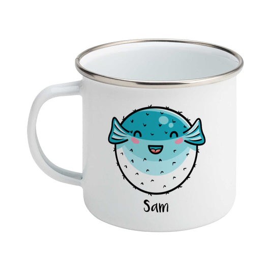 Kawaii cute turquoise and white puffer fish with a name design on a silver rimmed white enamel mug, showing LHS