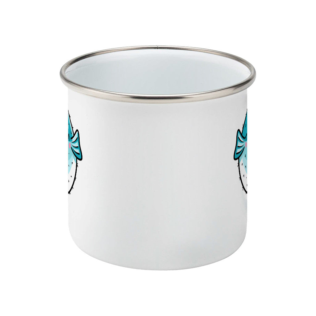 Kawaii cute turquoise and white puffer fish with a name design on a silver rimmed white enamel mug, side view