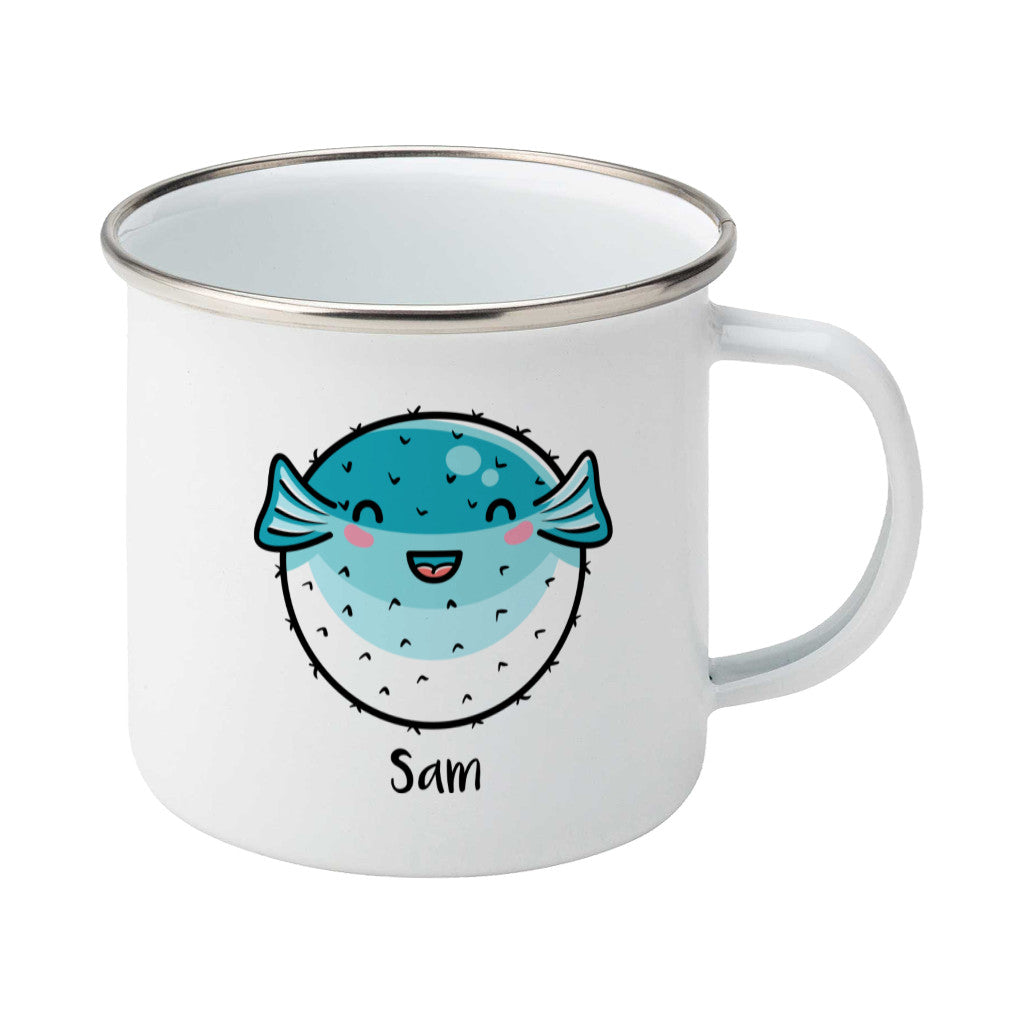 Kawaii cute turquoise and white puffer fish with a name design on a silver rimmed white enamel mug, showing RHS