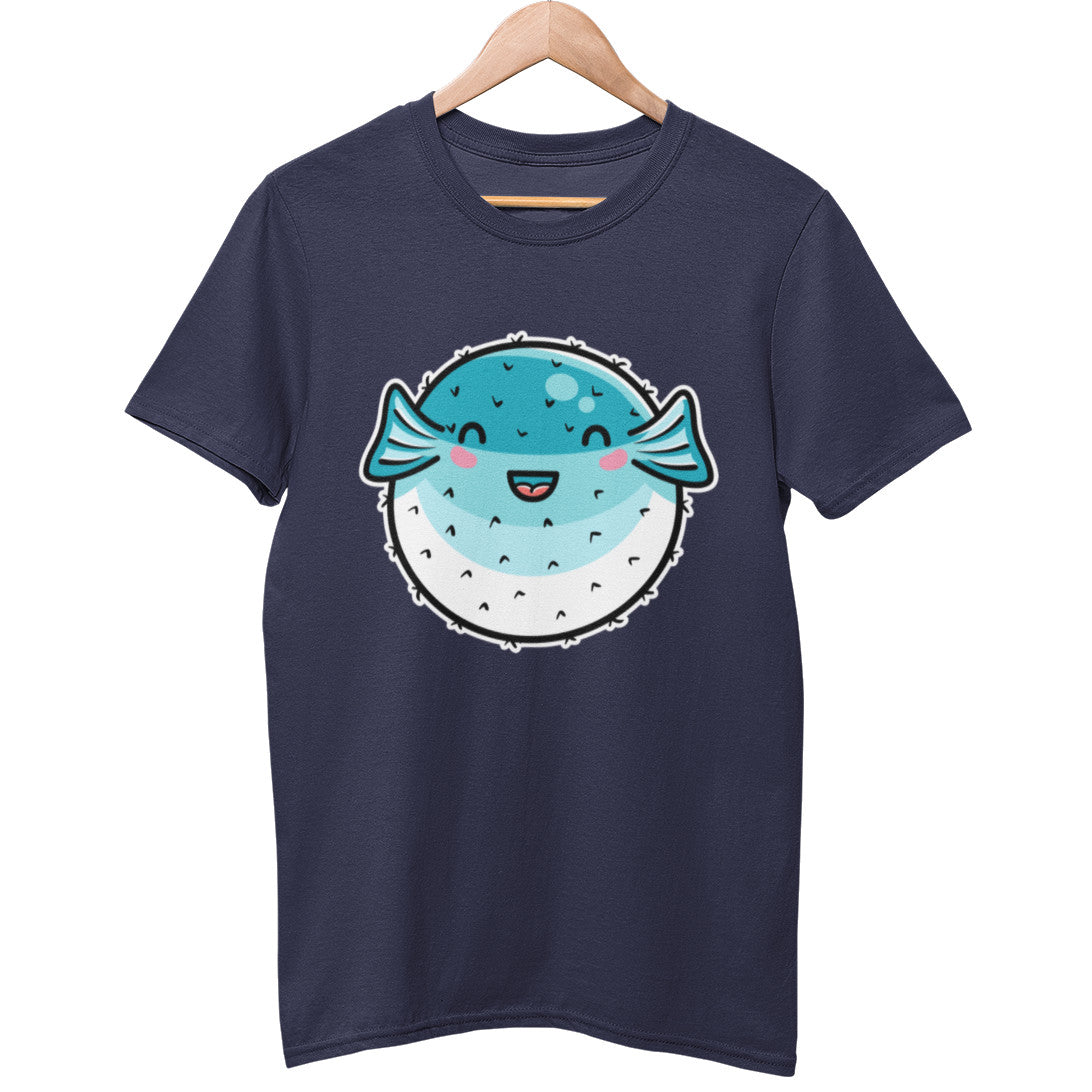 A navy coloured unisex crewneck t-shirt on a wooden hanger with a design on its chest of a kawaii cute round spiky puffer fish in turquoise