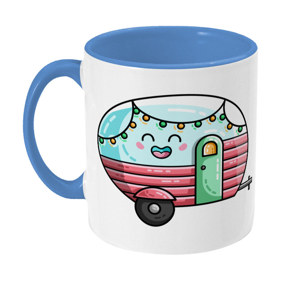Kawaii cute vintage pastel coloured caravan on a two toned blue and white ceramic mug, showing LHS