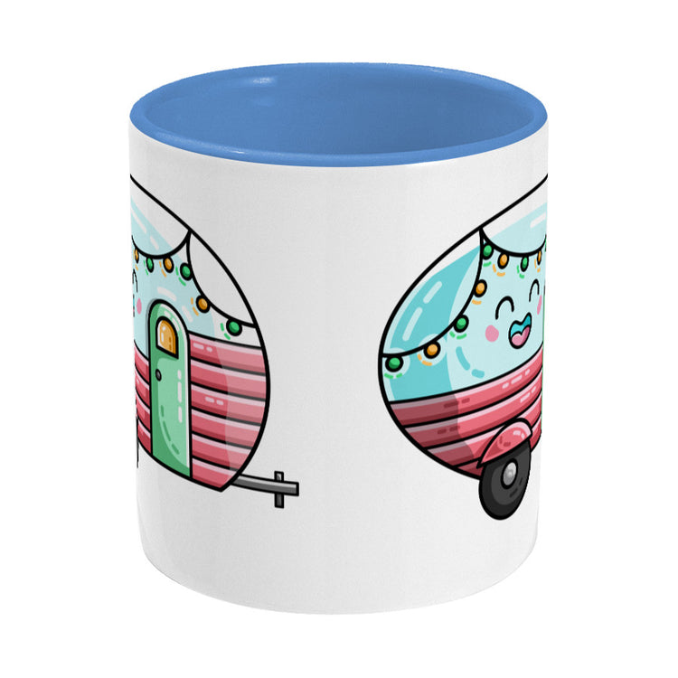 Kawaii cute vintage pastel coloured caravan on a two toned blue and white ceramic mug, side view