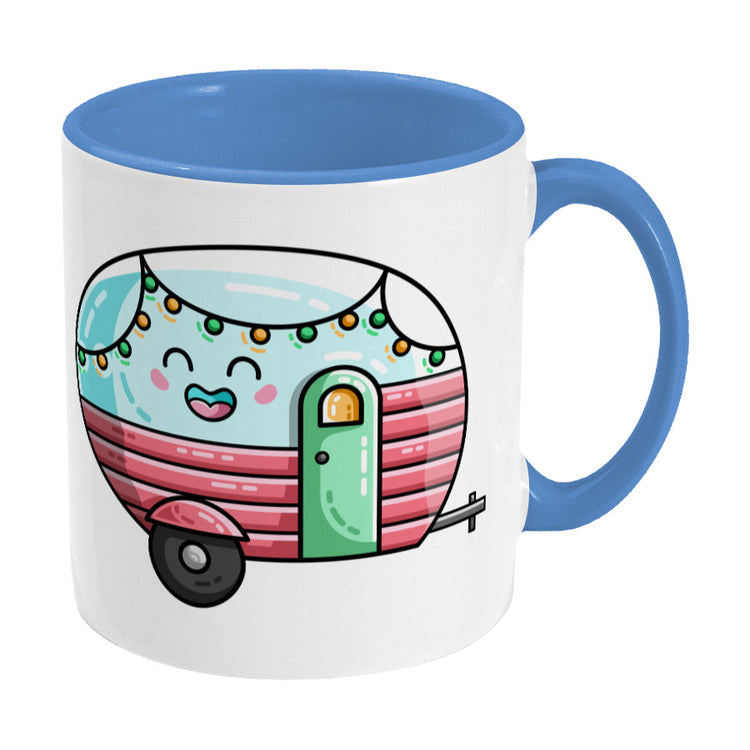 Kawaii cute vintage pastel coloured caravan on a two toned blue and white ceramic mug, showing RHS