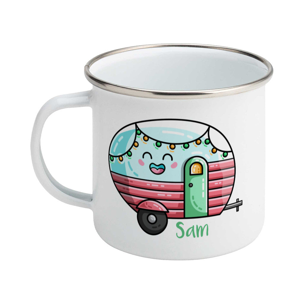 Kawaii cute vintage blue, pink and green caravan with a name design on a silver rimmed white enamel mug, showing LHS