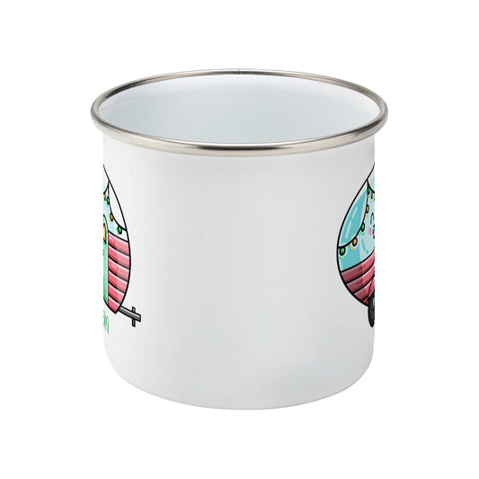 Kawaii cute vintage blue, pink and green caravan with a name design on a silver rimmed white enamel mug, side view
