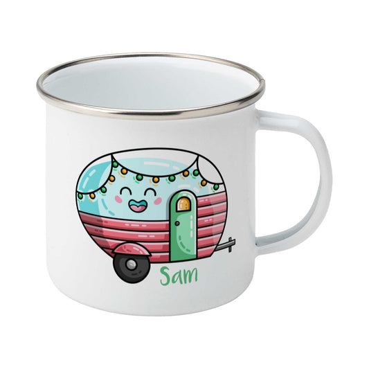 Kawaii cute vintage blue, pink and green caravan with a name design on a silver rimmed white enamel mug, showing RHS