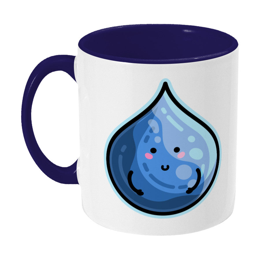 Kawaii cute blue droplet of water design on a two toned blue and white ceramic mug, showing LHS