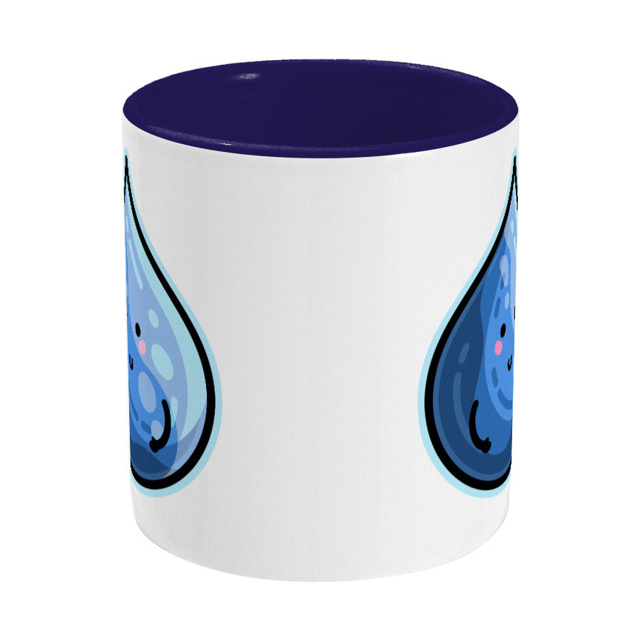 Kawaii cute blue droplet of water design on a two toned blue and white ceramic mug, side view