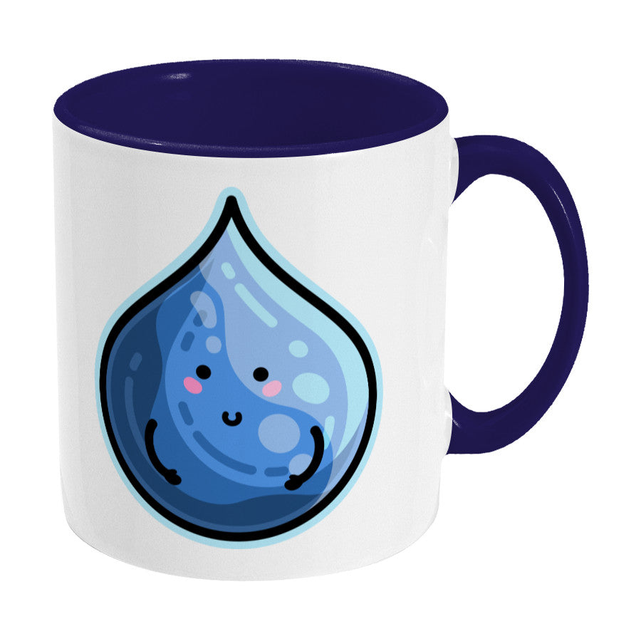 Kawaii cute blue droplet of water design on a two toned blue and white ceramic mug, showing RHS