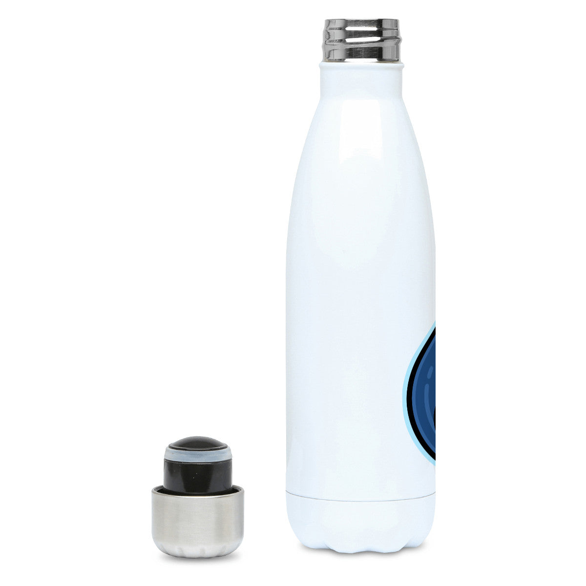 Kawaii cute blue droplet of water design on a white metal insulated drinks bottle, lid off