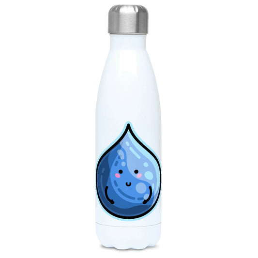 Kawaii cute blue droplet of water design on a white metal insulated drinks bottle, lid on