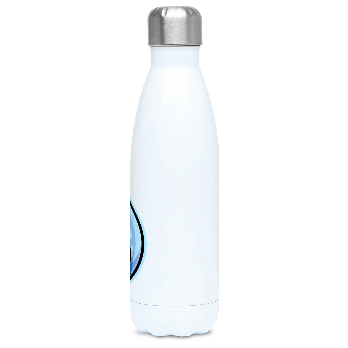Kawaii cute blue droplet of water design on a white metal insulated drinks bottle, side view