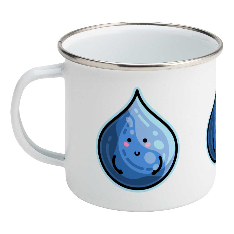 Kawaii cute blue droplet of water design on a silver rimmed white enamel mug, showing LHS