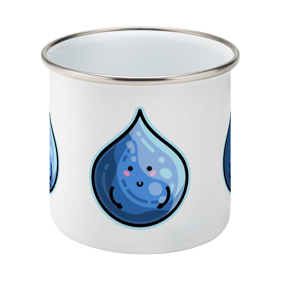 Kawaii cute blue droplet of water design on a silver rimmed white enamel mug, side view