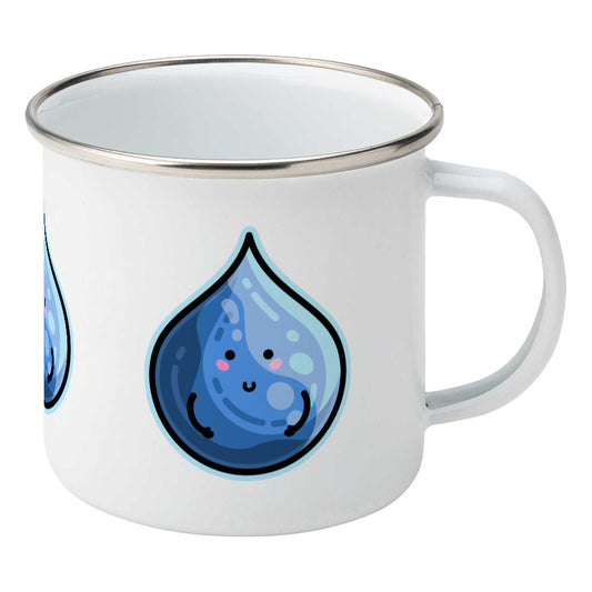 Kawaii cute blue droplet of water design on a silver rimmed white enamel mug, showing RHS