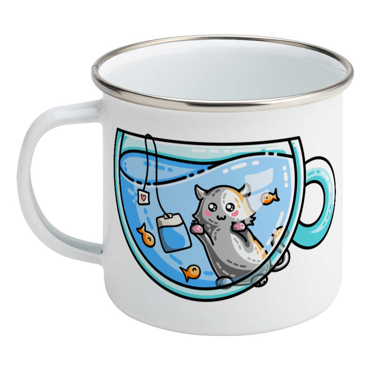 Cute cat watching orange fish swimming in a glass teacup design on a silver rimmed white enamel mug, showing LHS