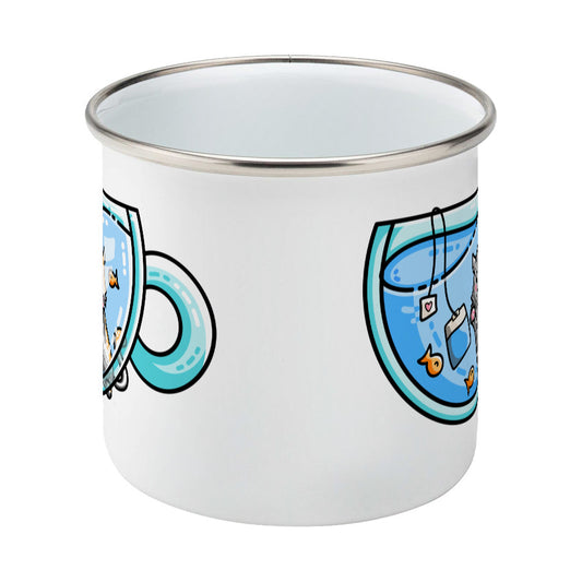 Cute cat watching orange fish swimming in a glass teacup design on a silver rimmed white enamel mug, middle view