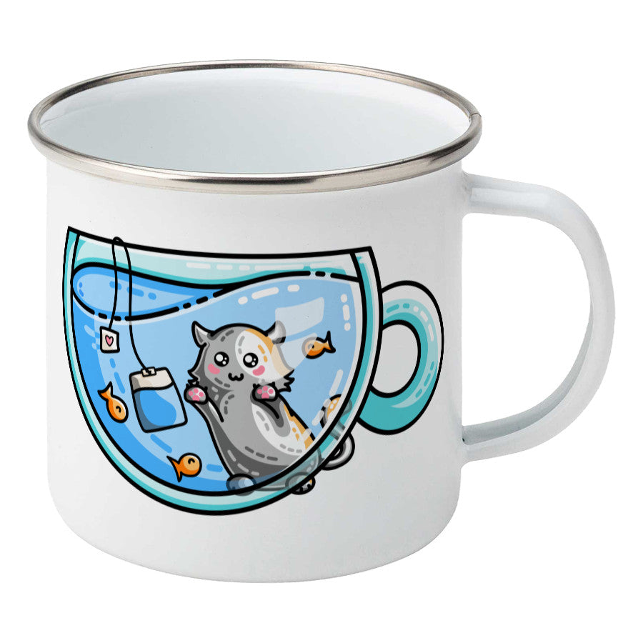 Cute cat watching orange fish swimming in a glass teacup design on a silver rimmed white enamel mug, showing RHS