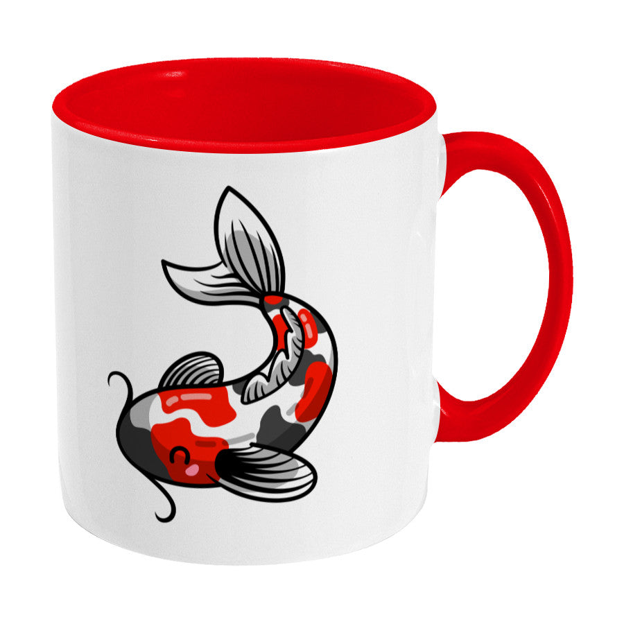 Kawaii cute orange, black and white koi carp fish design on a two toned red and white ceramic mug, showing RHS