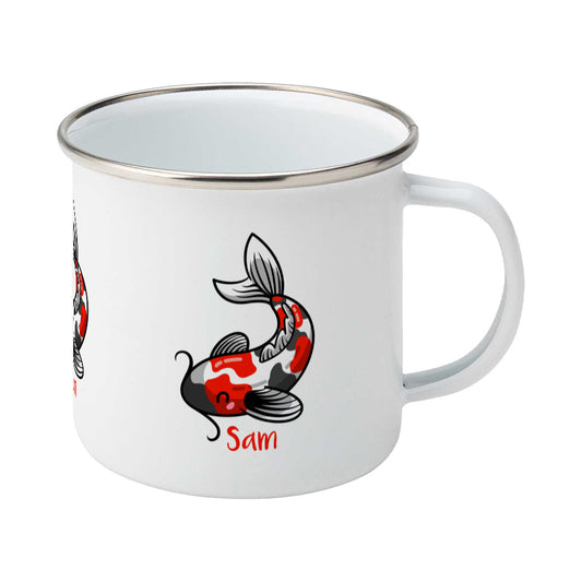 Kawaii cute orange, white and black koi carp fish design on a silver rimmed white enamel mug, showing RHS