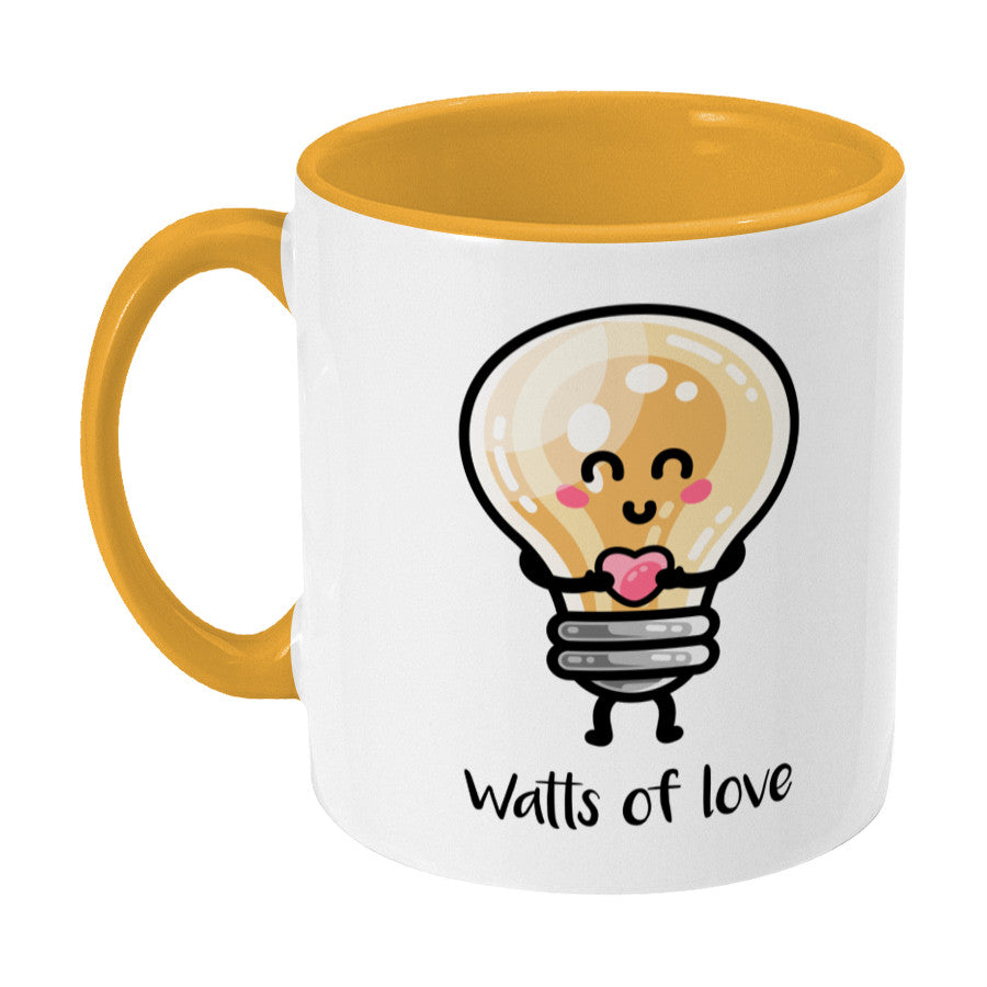 Kawaii cute lightbulb holding a heart design on a two toned yellow and white ceramic mug, showing LHS