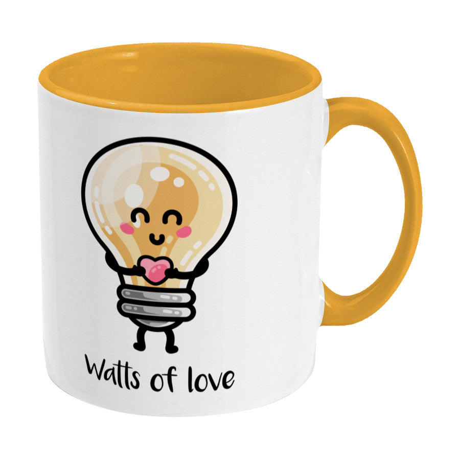 Kawaii cute lightbulb holding a heart design on a two toned yellow and white ceramic mug, showing RHS