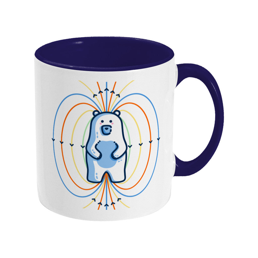 A two toned white and blue ceramic mug, handle to the right, with a design of a white polar bear standing up and blue, orange and yellow magnetic field lines coming out of it.