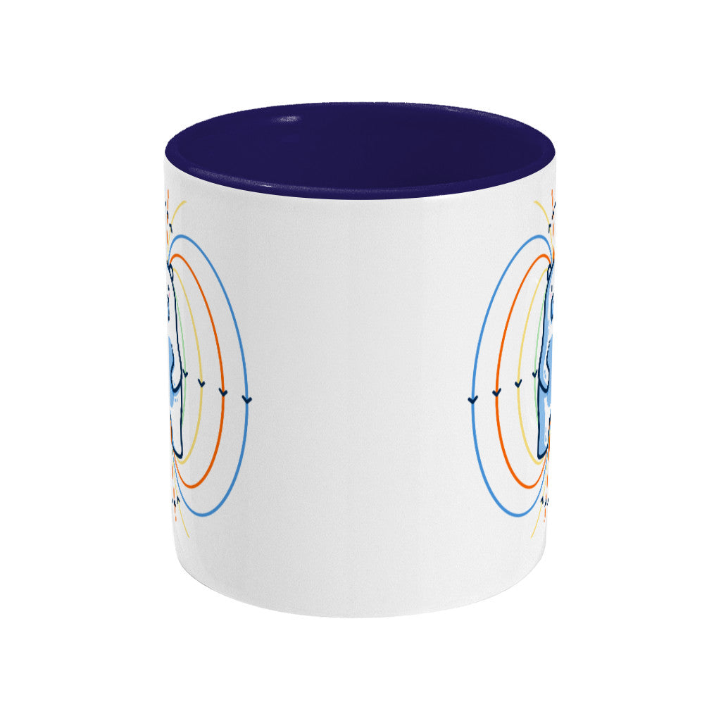 A two toned white and blue ceramic mug, side view with handle hidden behind, showing the edge of the designs to front and back of the mug.