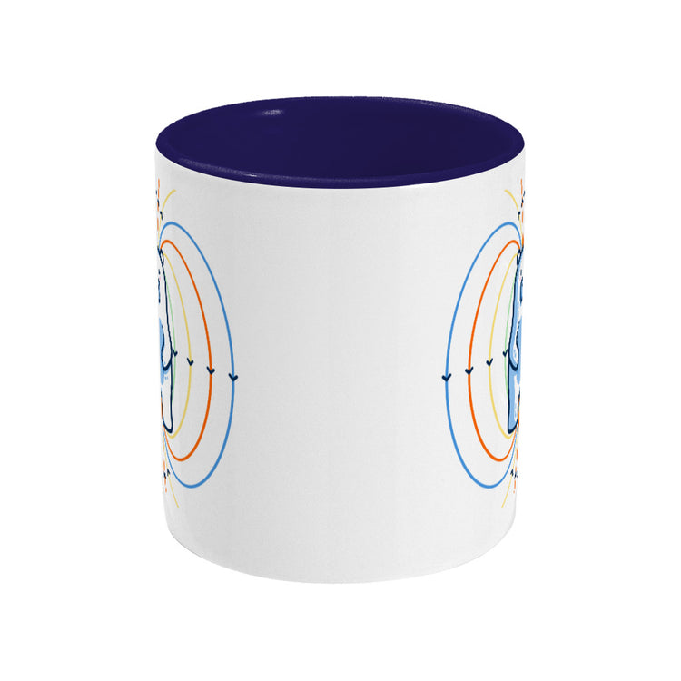 A two toned white and blue ceramic mug, side view with handle hidden behind, showing the edge of the designs to front and back of the mug.