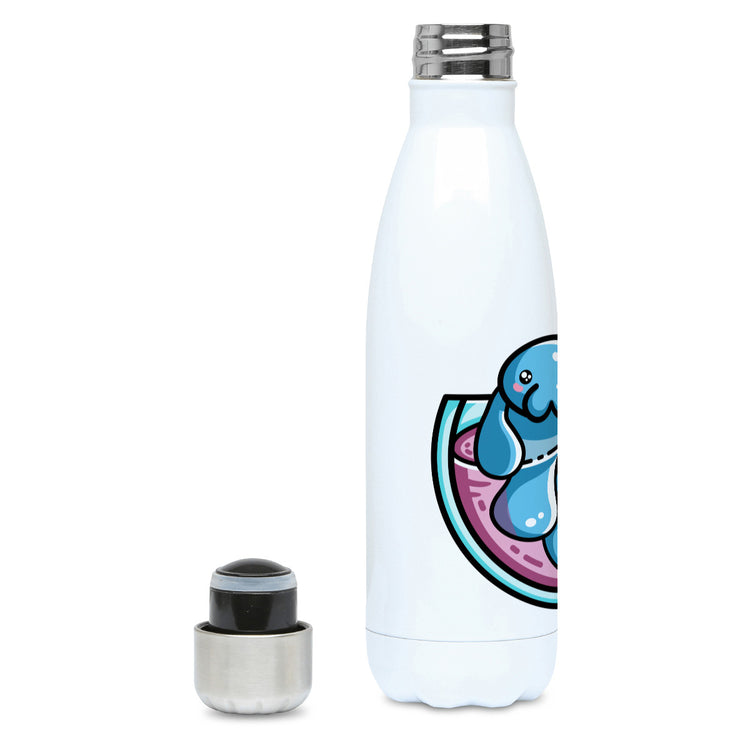 two kawaii cute blue manatees swimming in a glass teacup design on a white metal insulated drinks bottle, lid off
